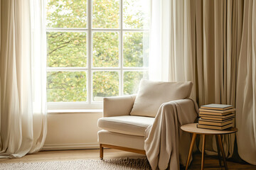 minimalist interior with a beige armchair and wooden side table with stacked books by a large window. cozy reading nook