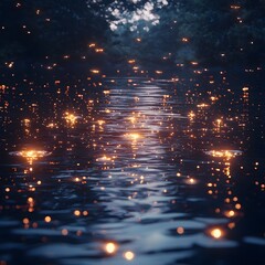 Fototapeta premium Glowing Fireflies Mirrored on a Serene Lake in the Tranquil Darkness