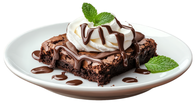 a delicious brownie topped with whipped cream. chocolate drizzle. and fresh mint leaves. served on a white plate this dessert is perfect for satisfying sweet cravings and is often enjoyed during celeb