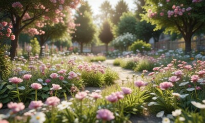 Obraz premium A soft focus of a blooming garden in full bloom, light blue abstract background, greenery, floral