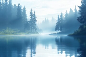 Fototapeta premium Serene Lake Surrounded by Trees in Misty Rural Morning Atmosphere. Generative AI