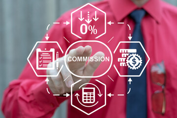 Business person using virtual touch screen push button with word: COMMISSION. Commission Business...