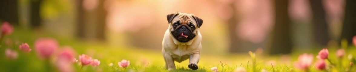 Obraz premium Happy pug exploring sunny park, surrounded by blossoms , park, sun