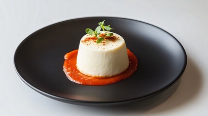 A modern gourmet plate of fufu, shaped into a delicate sphere, with a bold streak of spicy tomato sauce, elegantly placed on a matte black plate against a crisp white background