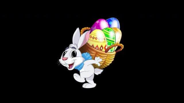 Easter bunnies walk cycle with eggs basket.
Cartoon loop animation of a easter bunnies walking and bearing a baskets  with colorfully painted eggs.
good for any tv advertising, websites, youtube video