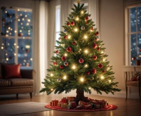 Christmas Tree decorated with lights and ornaments ,  gift,  color