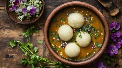 Fototapeta premium A rustic African feast featuring neatly rolled fufu balls, arranged in a clay dish with a side of spicy okra soup, garnished with edible flowers, set against a textured wooden background