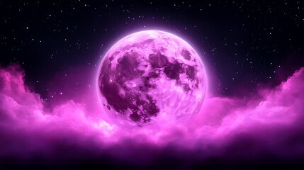 Obraz premium Pink Moon Above Purple Cosmic Clouds and Stars