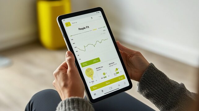 Woman reviewing fitness data on tablet at home