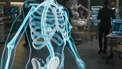 An advanced diagnostic setup shows a holographic visualization of a patients anatomical structure displaying intricate details with a semitransparent overlay. A doctor observes the - Powered by Adobe