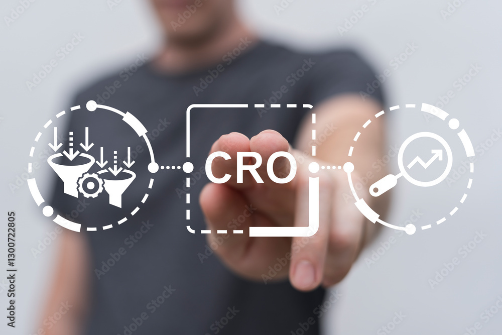 Poster person using virtual touch screen push button with abbreviation: cro. cro - conversion rate optimiza