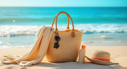 Beachside Essentials: Stylish Straw Bag, Sun Hat, and Ocean Breeze