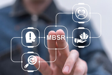 Person using virtual touch screen push button with abbreviation: MBSR. MBSR Mindfulness Based...