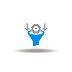 Vector illustration of funnel with gear wheel and arrows down. Symbol of CRO Conversion Rate Optimization. Icon of lead generation marketing funnel.
