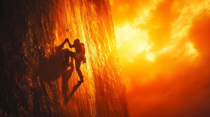 Ascent of Resolve: A determined climber scales a towering rock face under a blazing sky, symbolizing perseverance and ambition, creating a stunning visual narrative.