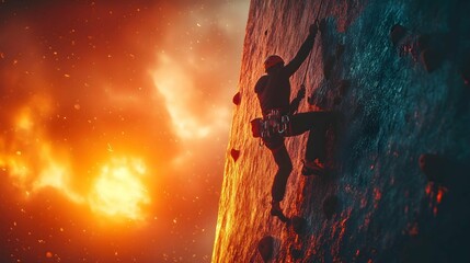 Silhouette of a Climber's Resolve: An adventurous climber ascends a sheer rock face against a dramatic fiery sky, showcasing human resilience and the pursuit of adventure. 