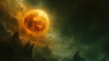 Obraz premium Fiery Planet Dominates Dark Nebula Landscape