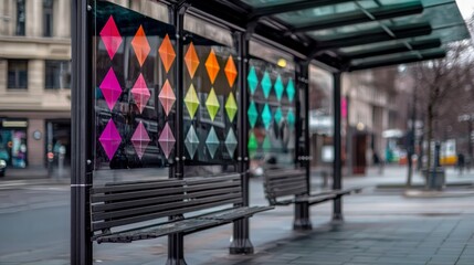 Obraz premium Colorful Bus Stop Shelter Ad Mockup Urban Transit Advertising