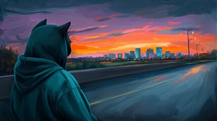 Fototapeta premium Cat in Hoodie Contemplates Sunset Cityscape