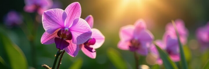 Obraz premium Showy purple orchid, dew drops, sunlight, garden setting, plant, photography, macro
