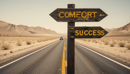 Leaving Comfort Zone – Success Crossroad in Desert Landscape