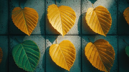 Obraz premium Autumn Leaves on Tiles a Natural and Seasonal Aesthetic with Texture