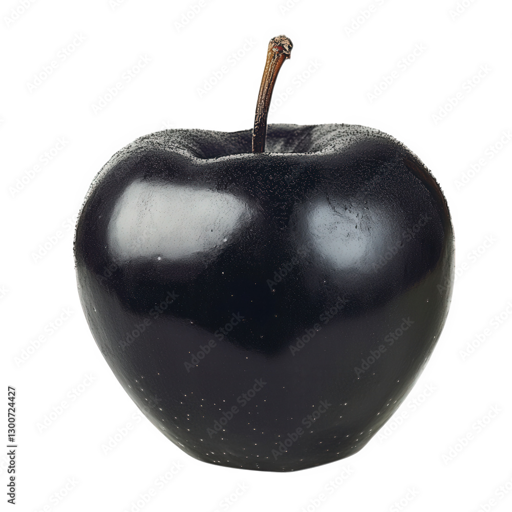 Poster glossy. black apple with a smooth surface and a short. brown stem. set against a plain white backgro