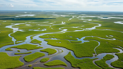 Verdant Estuarine Dreamscape: An Aerial View of Coastal Marshlands