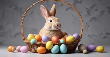 Colorful rabbit cut out with eggs in Easter basket, easter bunny,  egg decoration