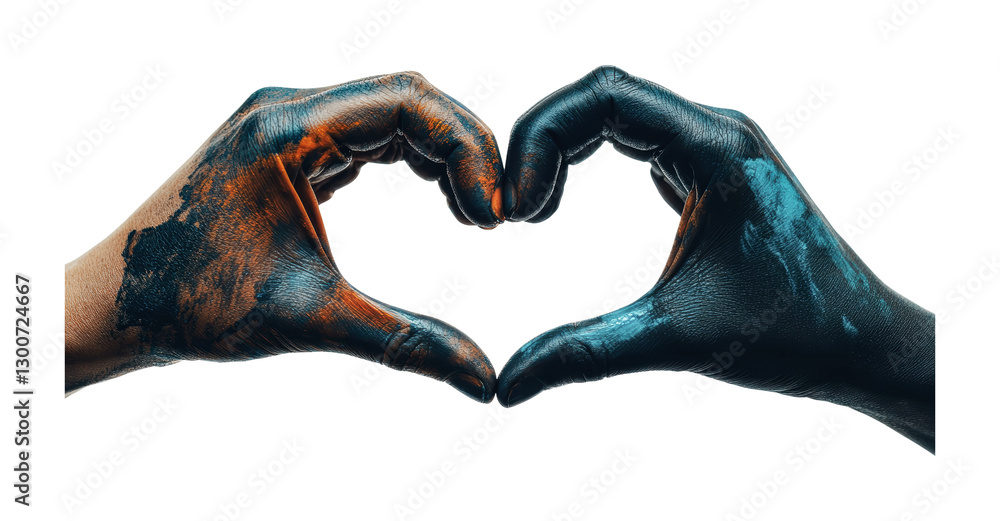 Poster hands painted in colorful shades form a heart shape against a white background symbolizing creativit