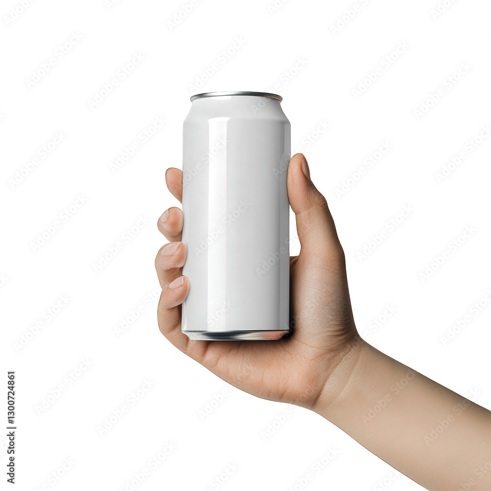 Poster hand holding a plain white can against a neutral background. suggesting a focus on product design or
