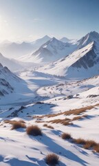 Obraz premium Cold winter morning with snow-covered hills and mountains, vast open spaces , vast open spaces, snow covered hills, snowy landscape