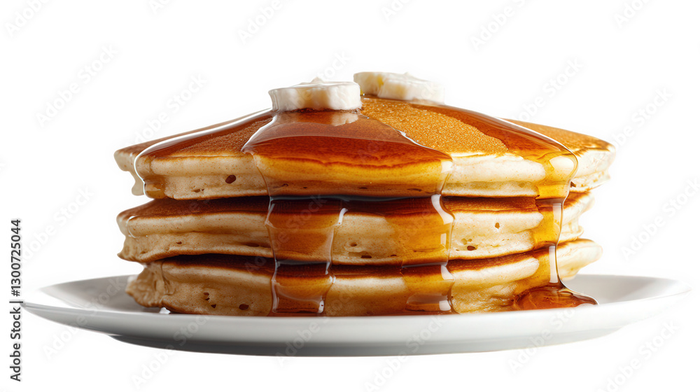 Poster a delicious stack of fluffy pancakes drizzled with syrup and topped with banana slices. served on a 