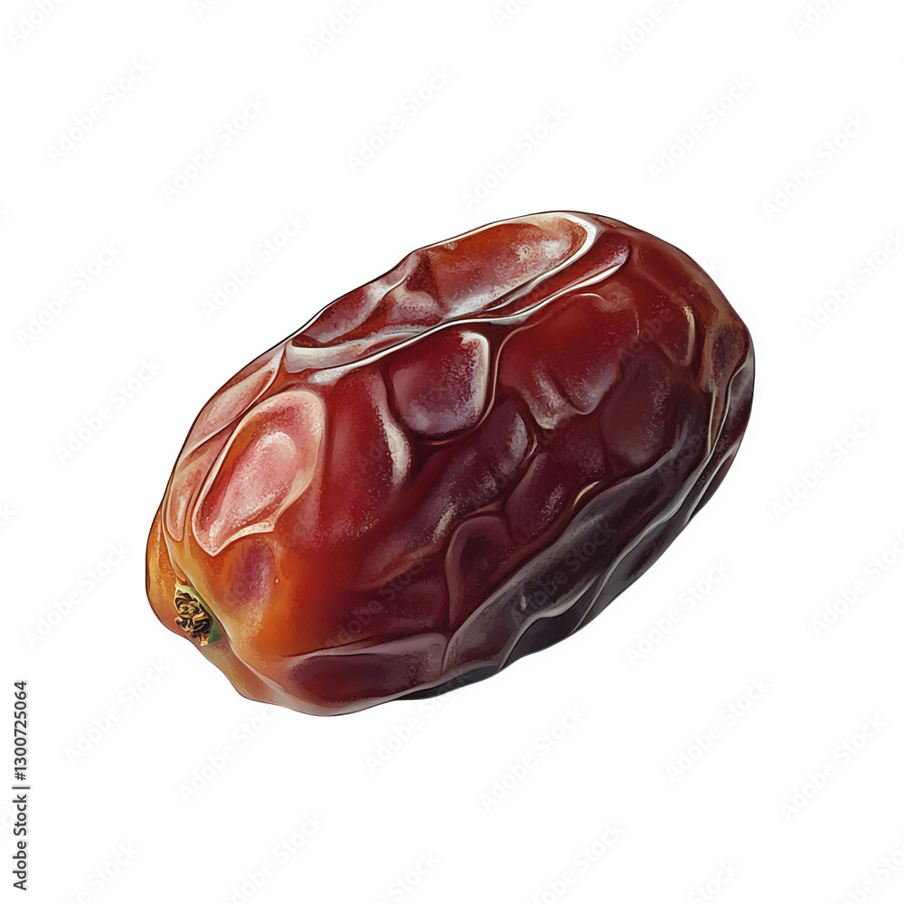 Poster a single. plump. dark red date fruit with a wrinkled texture. resting on a white background the frui