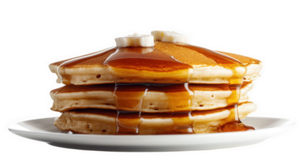 a delicious stack of fluffy pancakes drizzled with syrup and topped with banana slices. served on a white plate  appealing texture and golden color of the pancakes. making it an enticing option for br
