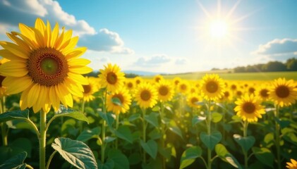 Sun-drenched sunflower field, countless blooms reaching for the sky , summer landscape, sky