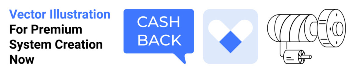 Cashback chat bubble beside a heart icon and mechanical gear sketch. Ideal for finance, technology, engineering, loyalty rewards, digital wallets, advertising, flat landing page banner