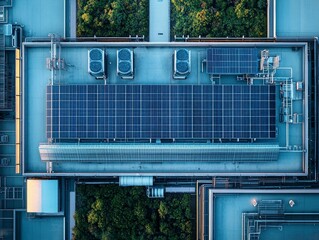 Obraz premium Aerial View of Rooftop Solar Panels on Urban Buildings: Harnessing Green Energy and Photovoltaic Power for Environmental Sustainability in Modern Architecture