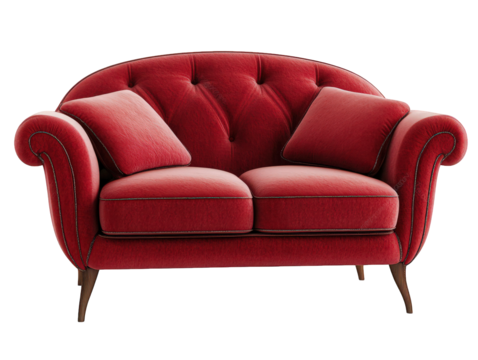 stylish red sofa with a curved backrest and plush cushions. designed for comfort and aesthetic appeal it serves as a focal point in living spaces. enhancing decor while providing seating for relaxatio