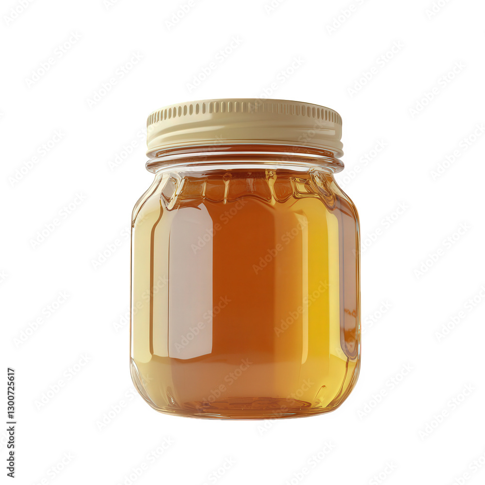 Poster clear glass jar filled with golden honey. showcasing its smooth texture and rich color the jar is se