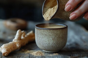 A woman's hand pouring ashwagandha powder into a ceramic cup, ashwagandha root lying on the wooden table nearby, copy space. Concept Medicinal Herb, superfood, Ayurveda and alternative medicine