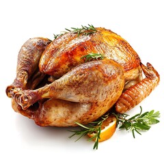 Whole roasted chicken with rosemary, cranberries, oranges and spices on white background