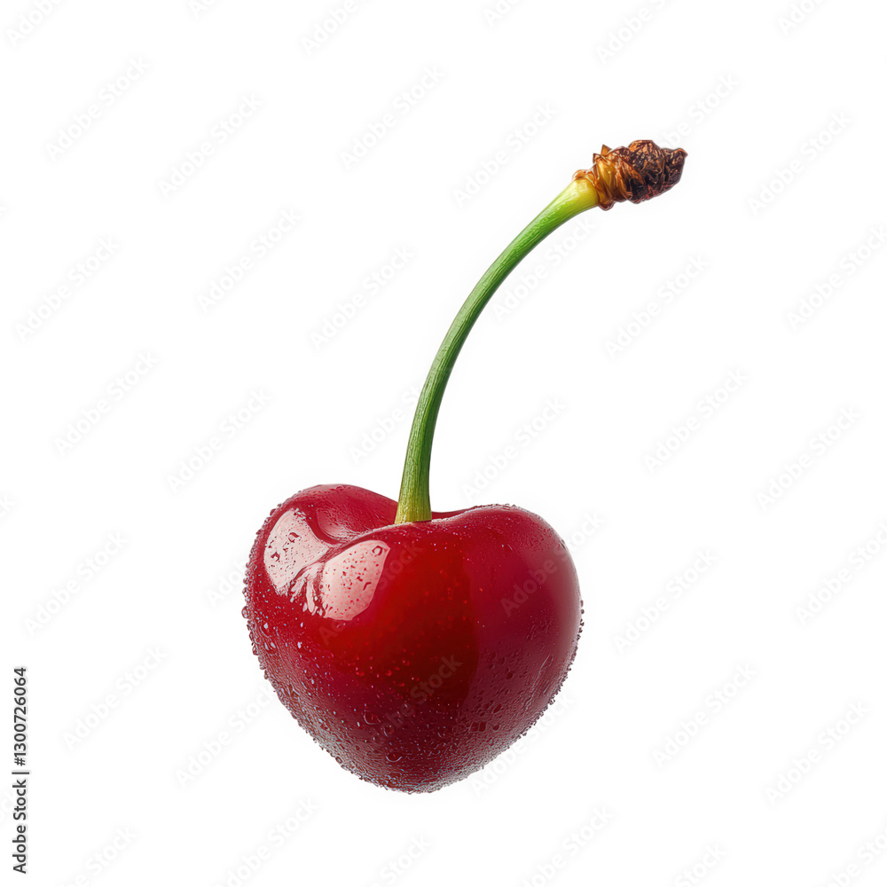 Poster single. heart-shaped cherry with a glossy red surface. adorned with droplets of water. highlighting 