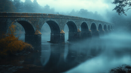 Fototapeta premium Foggy stone bridge over calm river in autumn.