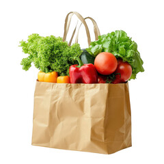 a brown paper shopping bag filled with fresh vegetables. including lettuce. tomatoes. bell peppers. and other greens. symbolizing healthy eating and grocery shopping