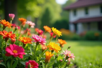 Fototapeta premium Vibrant home flowers bloom in a lush garden bed, house backdrop , vibrant, peaceful, residence