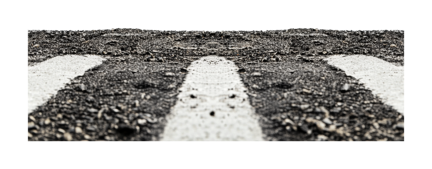 Worn asphalt road with faded white lines for urban street design and travel concepts, cut out