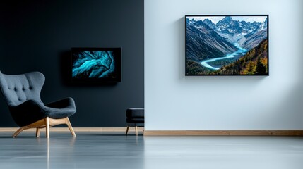 Modern Minimalist Living Room with Mountain View Artwork
