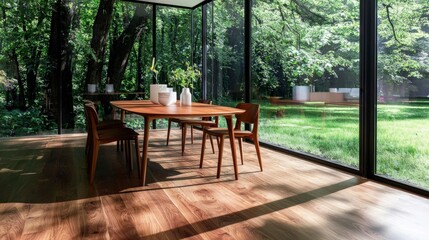 Obraz premium Modern Minimalist Dining Room Wood Table Green View