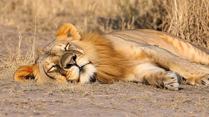 A lion basking in the morning sun in the savanna.